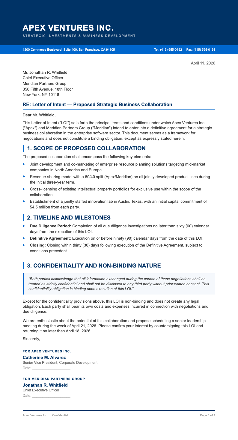 Corporate standard Letter of Intent